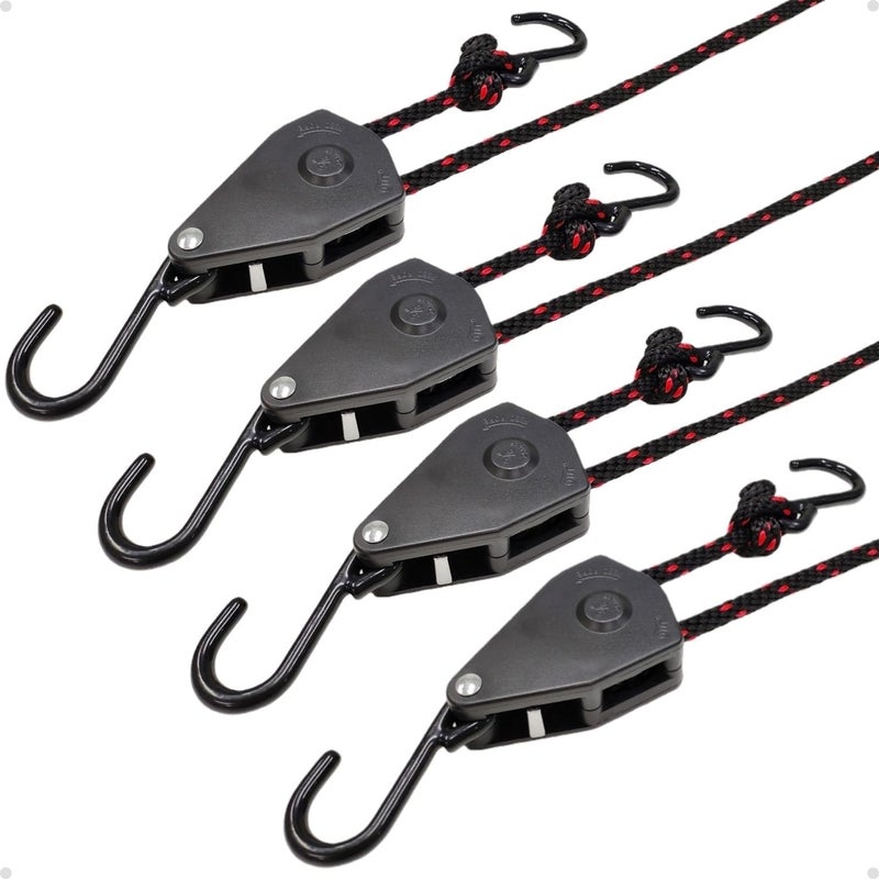 3/8" Tie Downs Ratchet Straps: 4 Pack of Heavy Duty Adjustable Rope Hangers for Various Hanging and Strapping